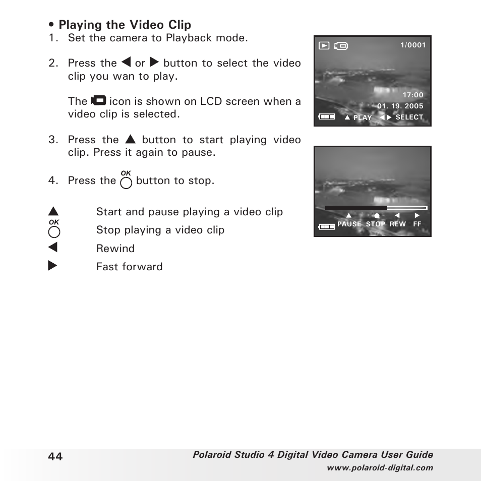 Playing the video clip | Polaroid Studio 4 User Manual | Page 44 / 78