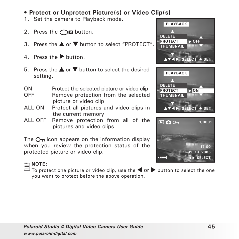 Protect or unprotect picture(s) or video clip(s) | Polaroid Studio 4 User Manual | Page 45 / 78