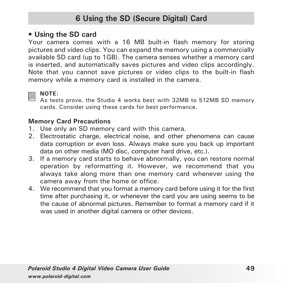 6 using the sd (secure digital) card, Using the sd card | Polaroid Studio 4 User Manual | Page 49 / 78