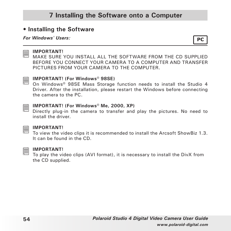 7 installing the software onto a computer, Installing the software | Polaroid Studio 4 User Manual | Page 54 / 78