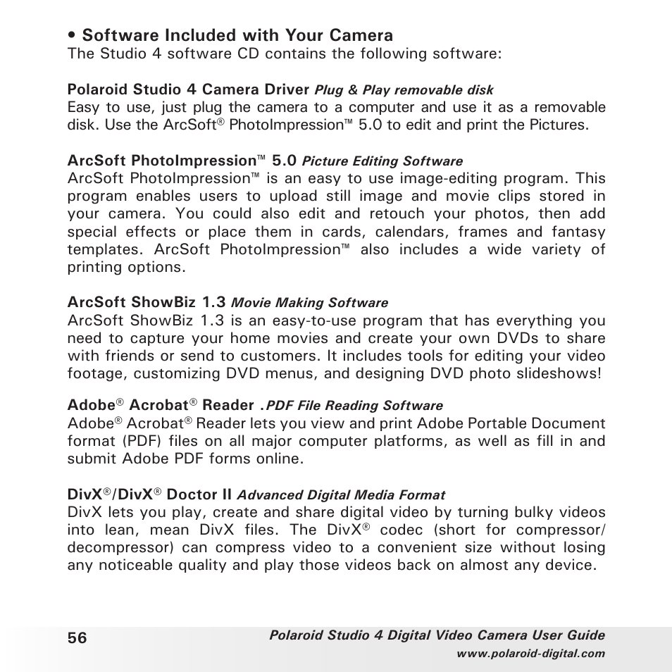 Software included with your camera | Polaroid Studio 4 User Manual | Page 56 / 78
