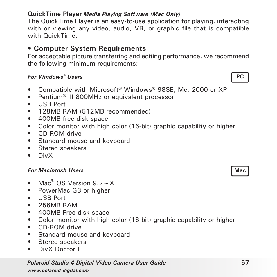 Computer system requirements | Polaroid Studio 4 User Manual | Page 57 / 78