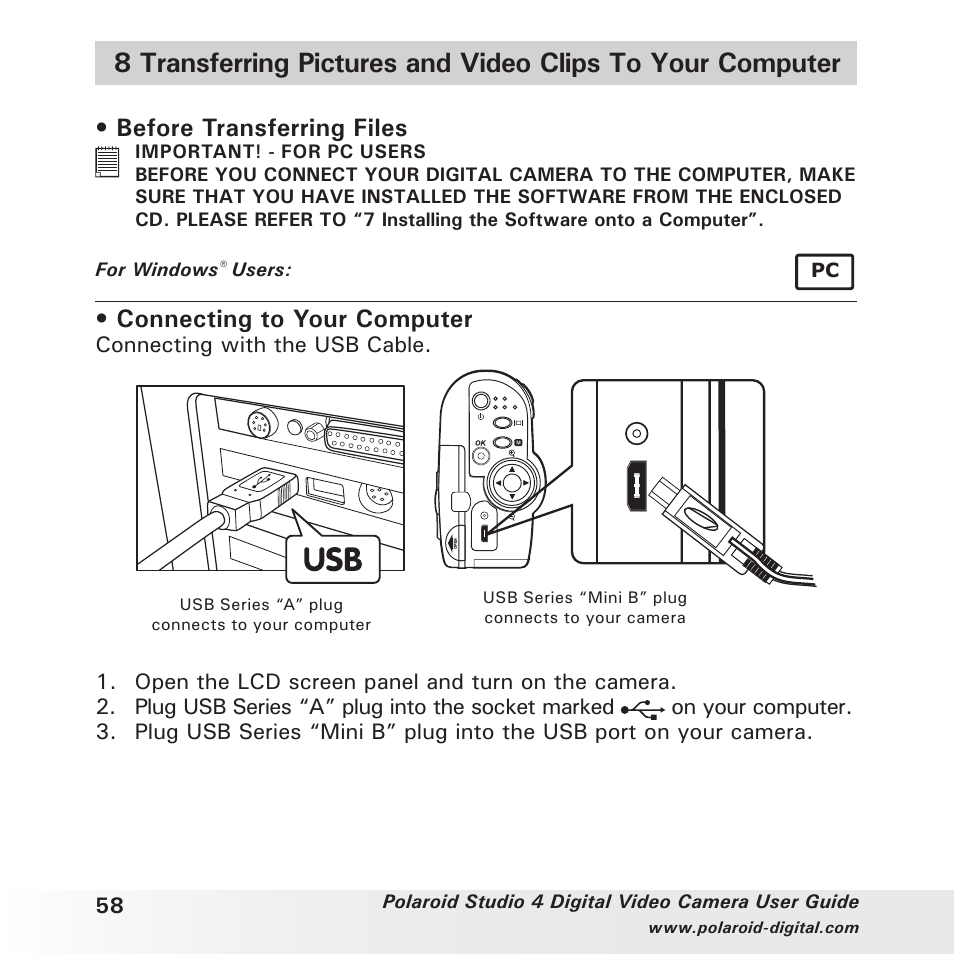 Before transferring files, Connecting to your computer, Connecting with the usb cable | Polaroid Studio 4 User Manual | Page 58 / 78