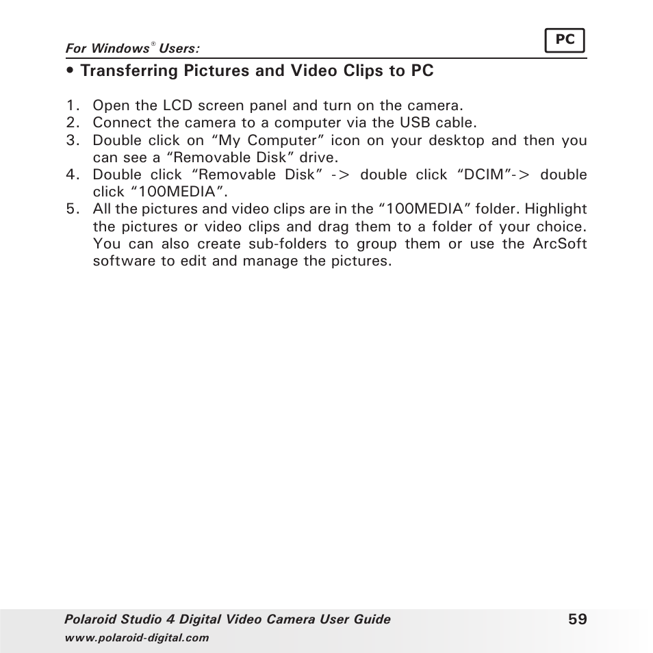 Transferring pictures and video clips to pc | Polaroid Studio 4 User Manual | Page 59 / 78