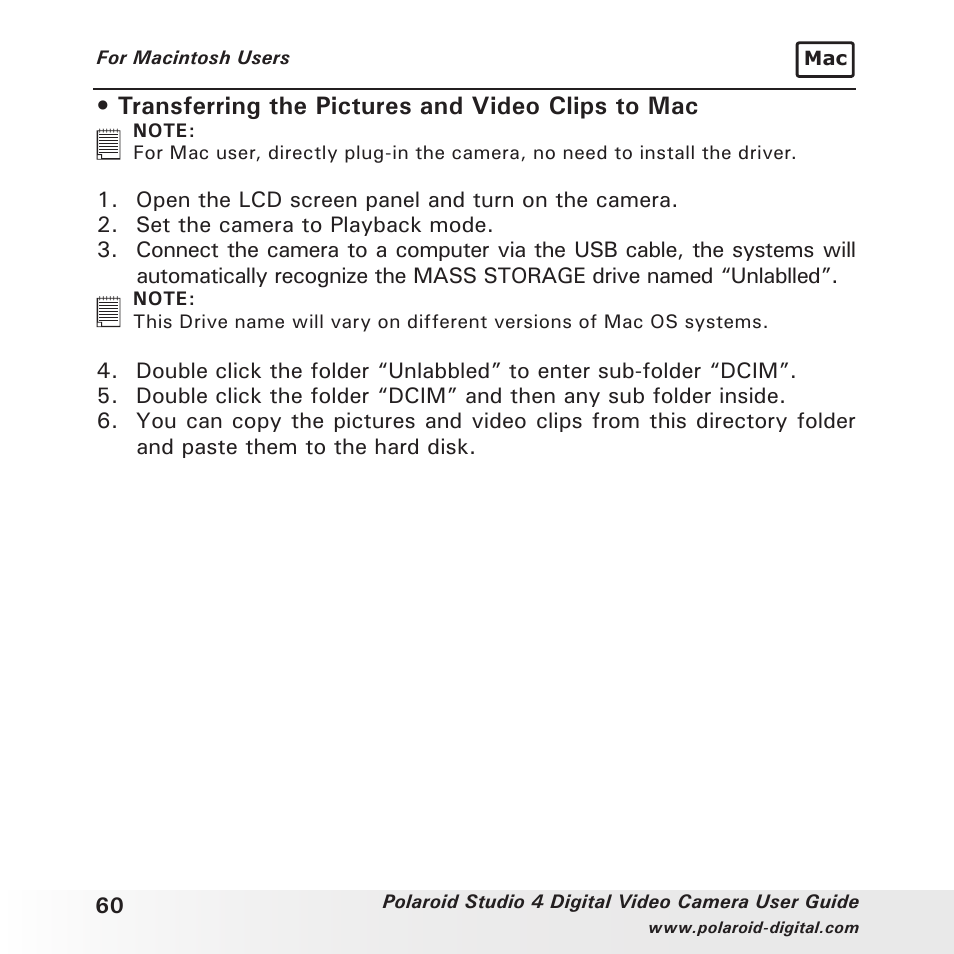 Transferring the pictures and video clips to mac | Polaroid Studio 4 User Manual | Page 60 / 78