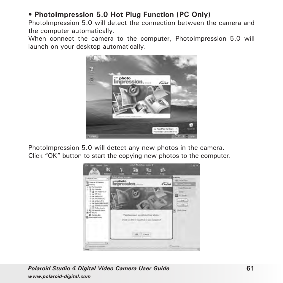 Photoimpression 5.0 hot plug function (pc only) | Polaroid Studio 4 User Manual | Page 61 / 78