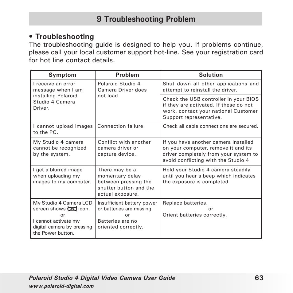 9 troubleshooting problem, Troubleshooting | Polaroid Studio 4 User Manual | Page 63 / 78