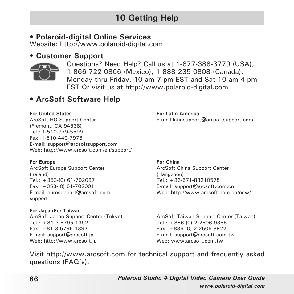 10 getting help, Polaroid-digital online services, Customer support | Arcsoft software help | Polaroid Studio 4 User Manual | Page 66 / 78