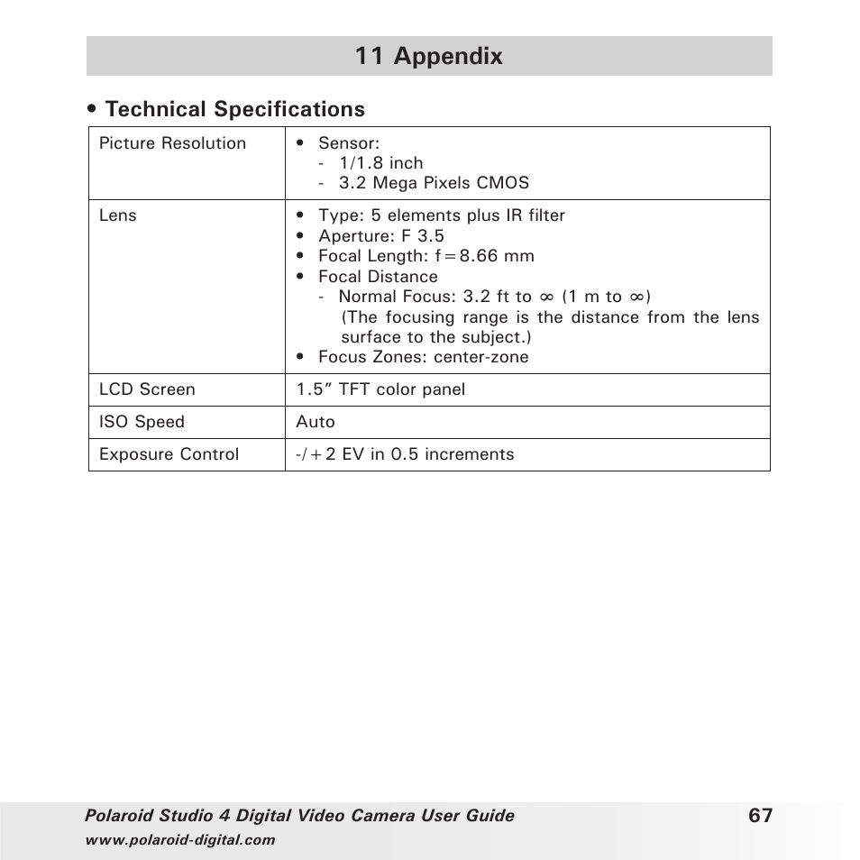 11 appendix, Technical specifications | Polaroid Studio 4 User Manual | Page 67 / 78