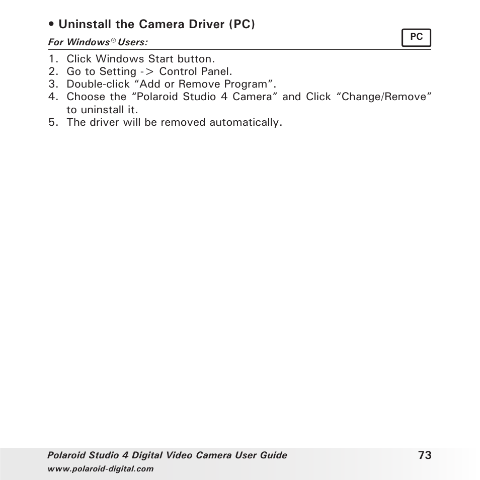 Uninstall the camera driver (pc) | Polaroid Studio 4 User Manual | Page 73 / 78