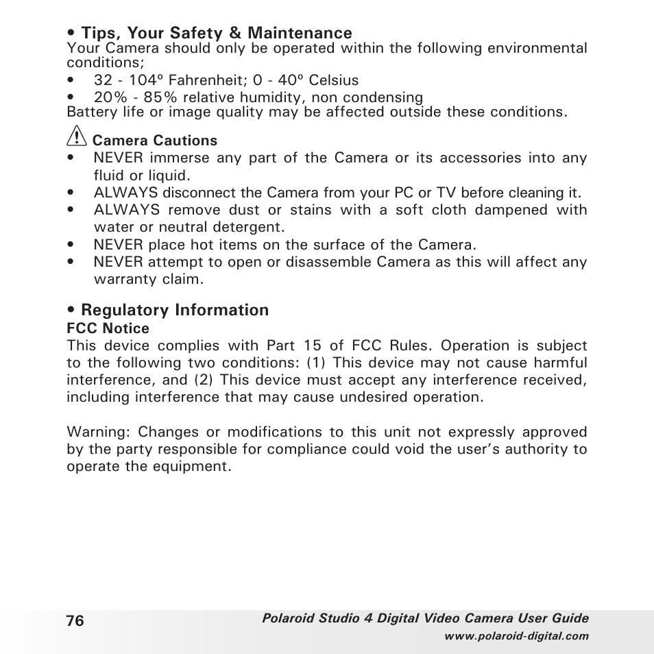 Tips, your safety & maintenance, Regulatory information | Polaroid Studio 4 User Manual | Page 76 / 78