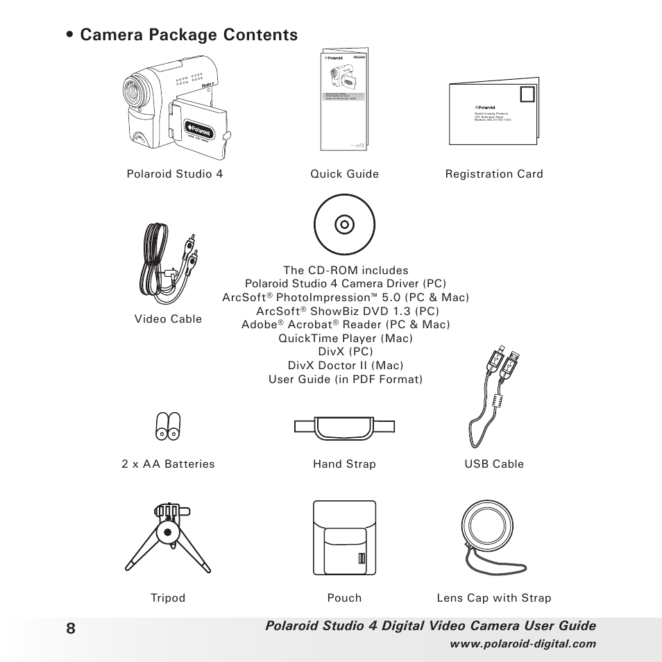 Camera package contents, Polaroid studio 4 digital video camera user guide | Polaroid Studio 4 User Manual | Page 8 / 78