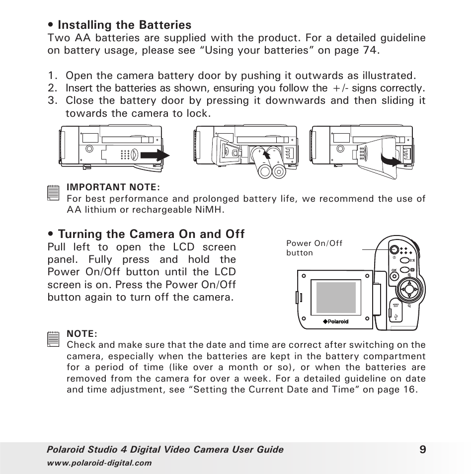 Installing the batteries, Turning the camera on and off | Polaroid Studio 4 User Manual | Page 9 / 78