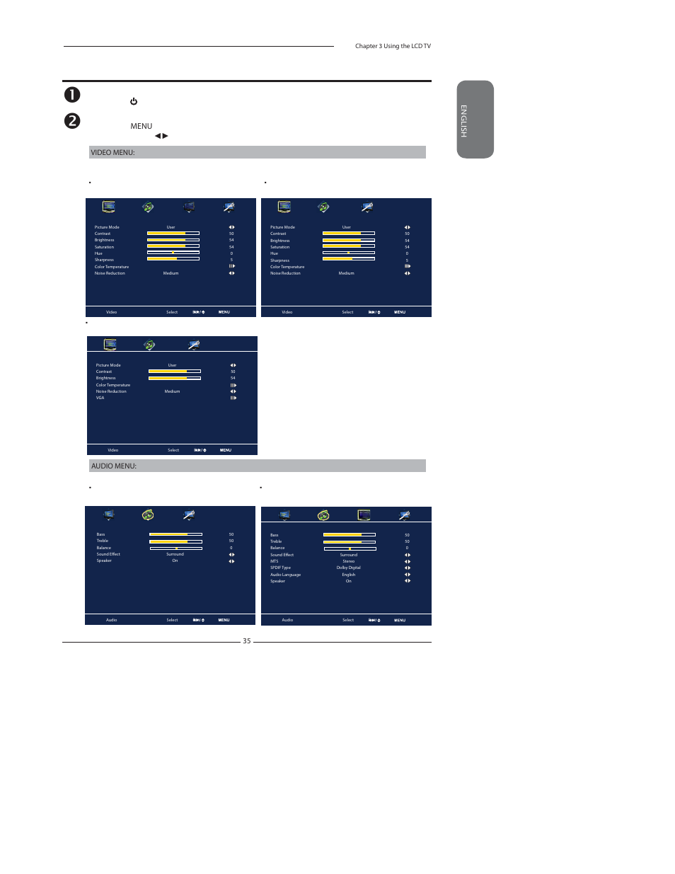 Operating the menu, Press the button to turn the lcd tv on | Polaroid 1513-TDXB User Manual | Page 37 / 68