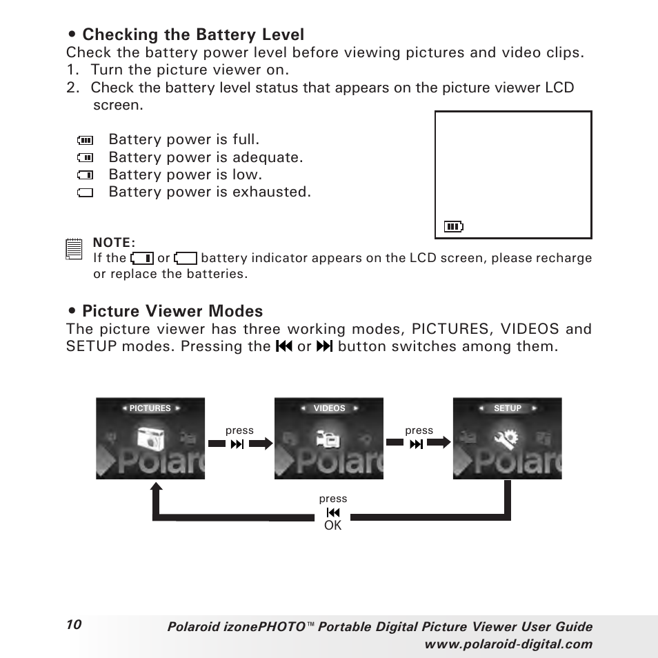 Checking the battery level, Picture viewer modes | Polaroid User Guide User Manual | Page 10 / 70