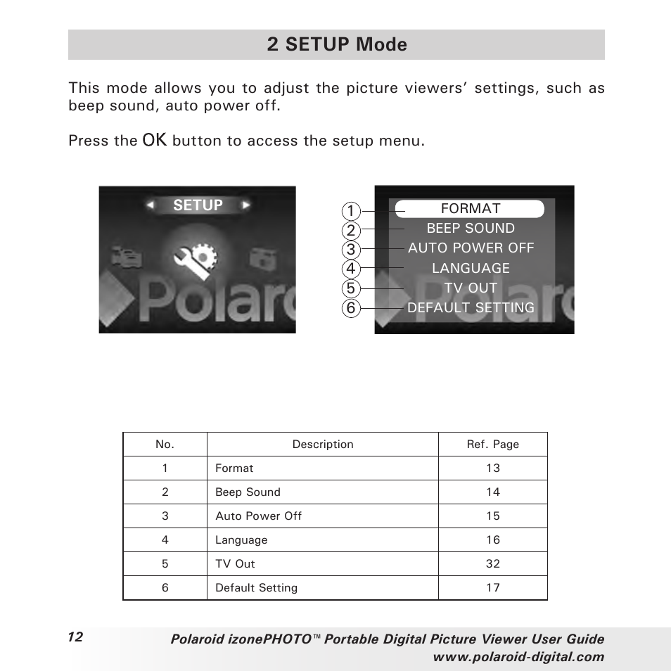 2 setup mode | Polaroid User Guide User Manual | Page 12 / 70