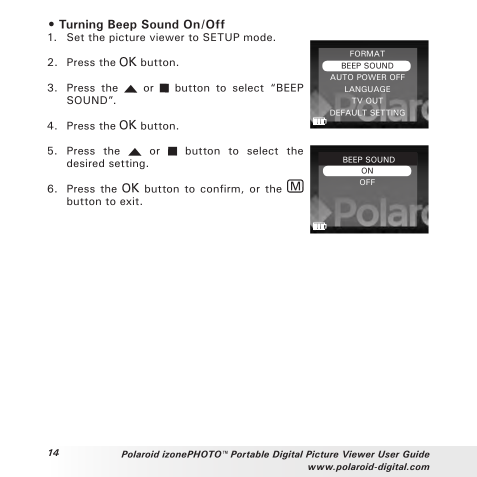 Turning beep sound on/off | Polaroid User Guide User Manual | Page 14 / 70