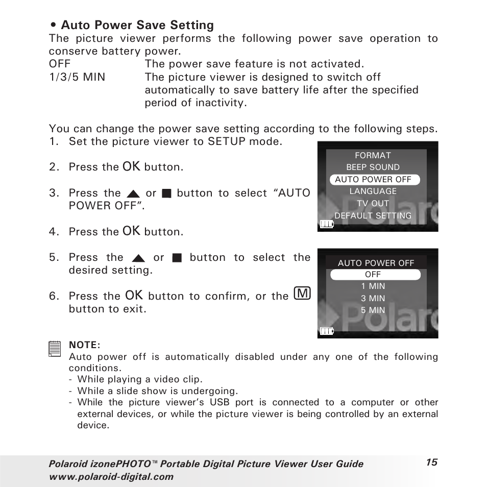 Auto power save setting | Polaroid User Guide User Manual | Page 15 / 70