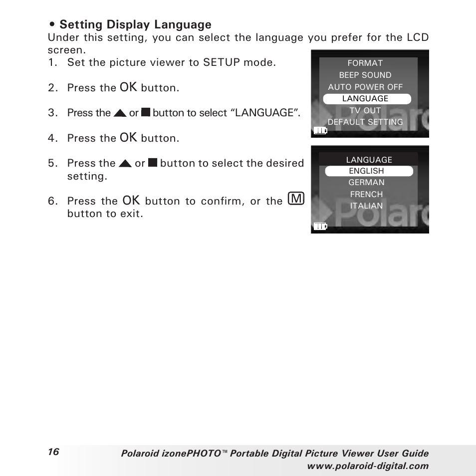 Setting display language | Polaroid User Guide User Manual | Page 16 / 70