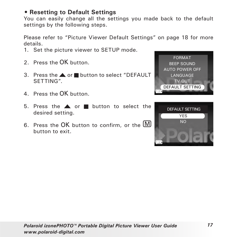 Resetting to default settings | Polaroid User Guide User Manual | Page 17 / 70