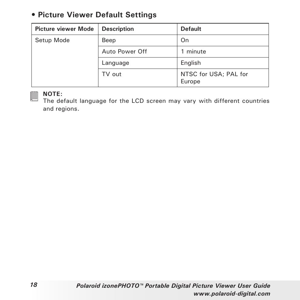 Picture viewer default settings | Polaroid User Guide User Manual | Page 18 / 70