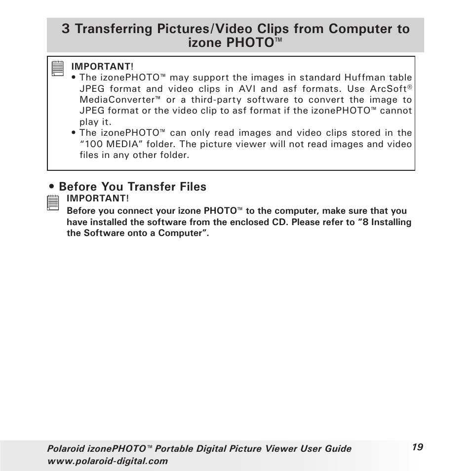 Before you transfer files | Polaroid User Guide User Manual | Page 19 / 70