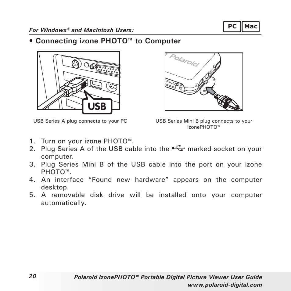 Connecting izone photo™ to computer | Polaroid User Guide User Manual | Page 20 / 70