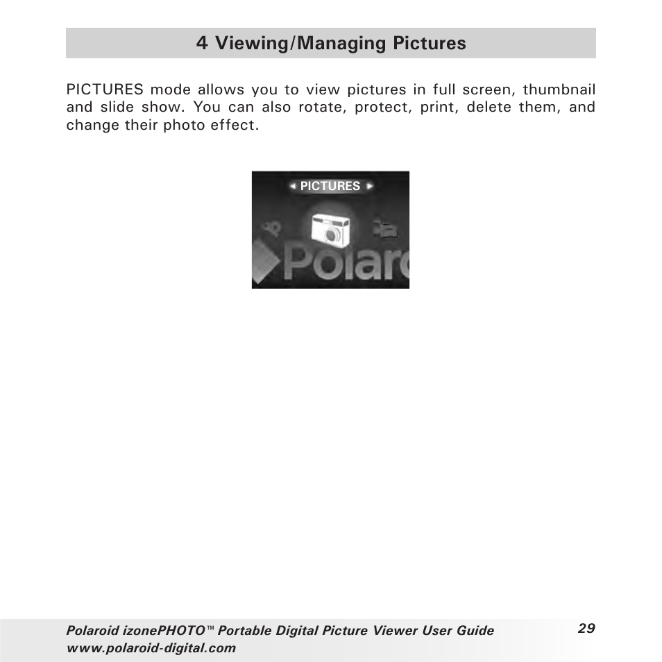 4 viewing/managing pictures | Polaroid User Guide User Manual | Page 29 / 70