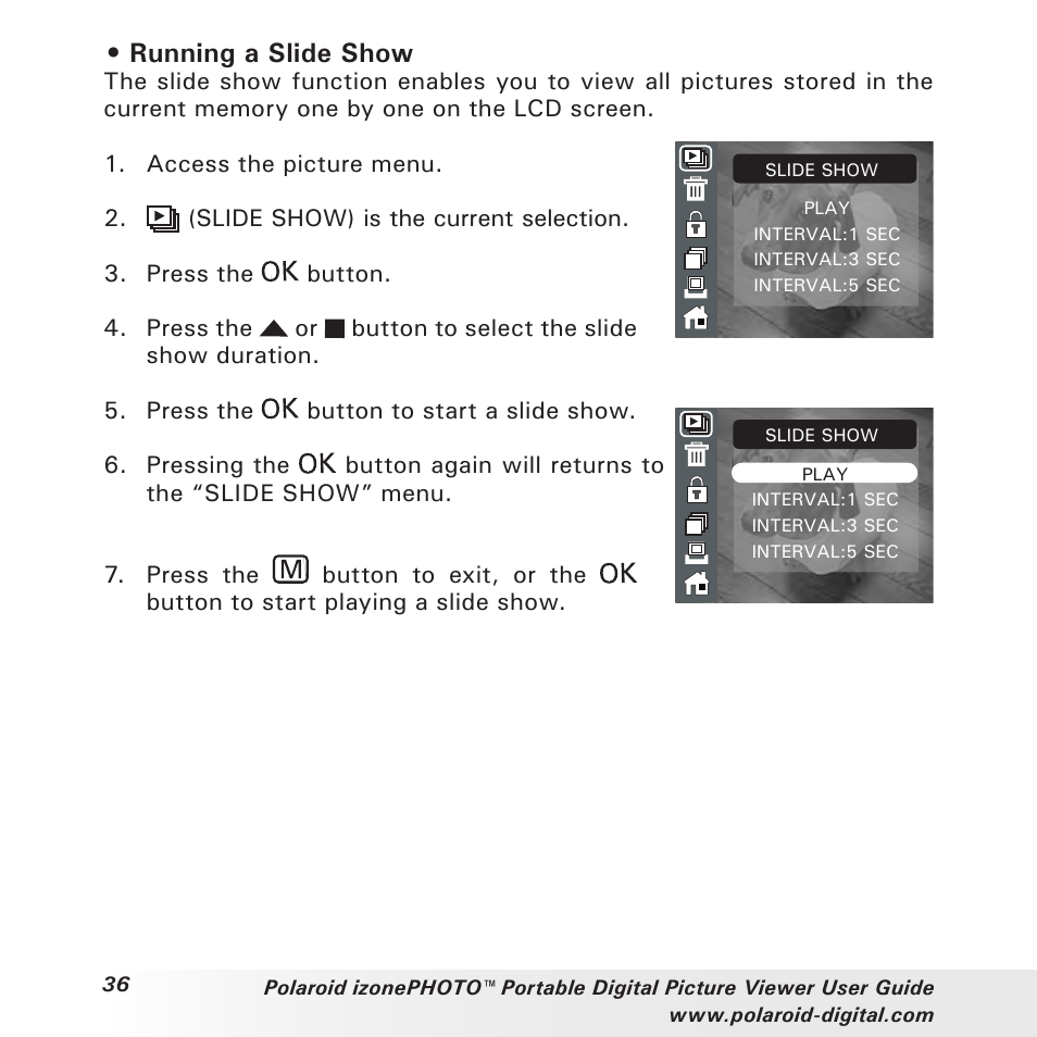 Running a slide show | Polaroid User Guide User Manual | Page 36 / 70
