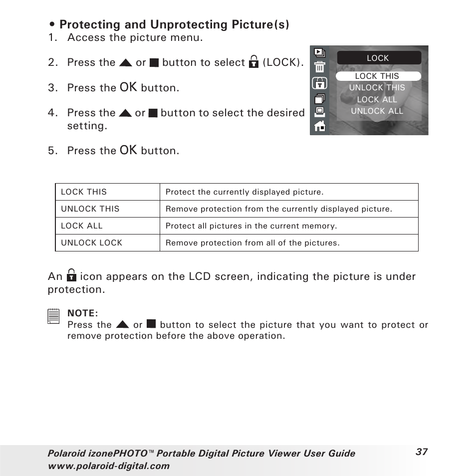Protecting and unprotecting picture(s) | Polaroid User Guide User Manual | Page 37 / 70