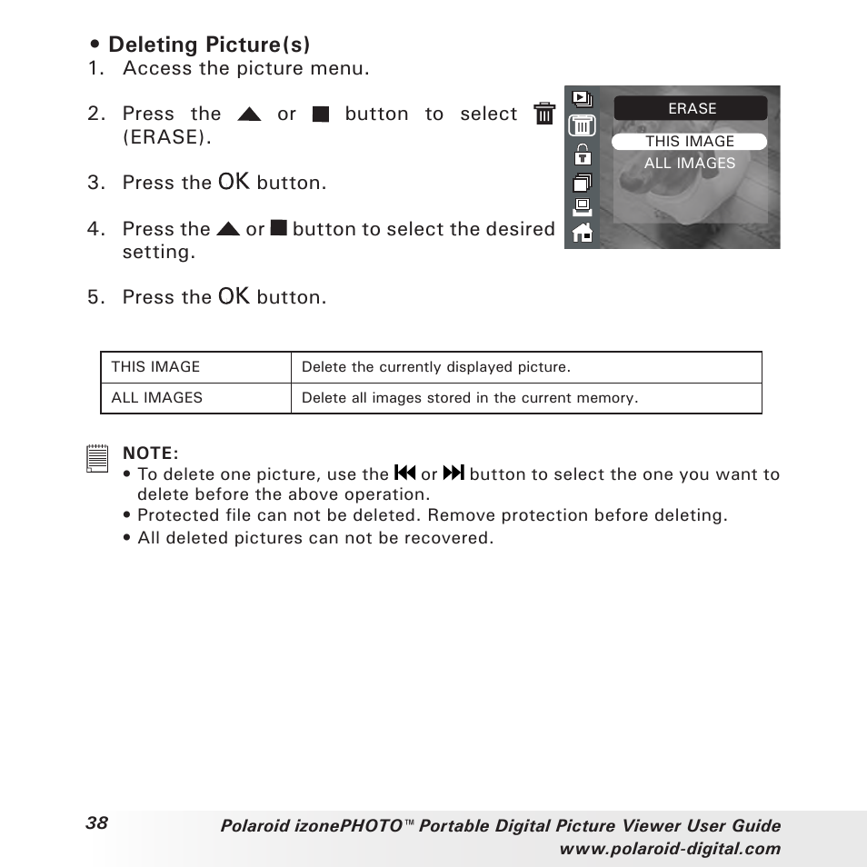 Deleting picture(s) | Polaroid User Guide User Manual | Page 38 / 70