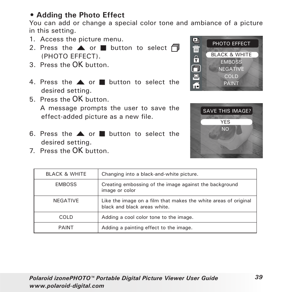 Adding the photo effect | Polaroid User Guide User Manual | Page 39 / 70