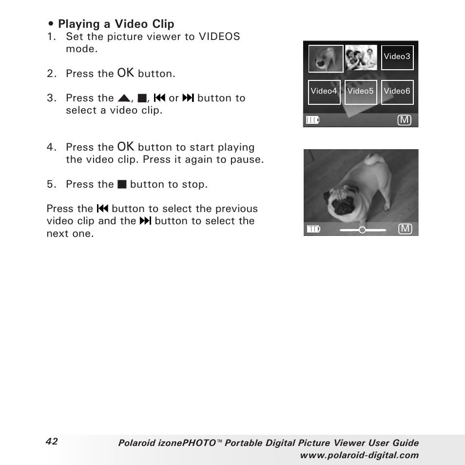 Playing a video clip | Polaroid User Guide User Manual | Page 42 / 70