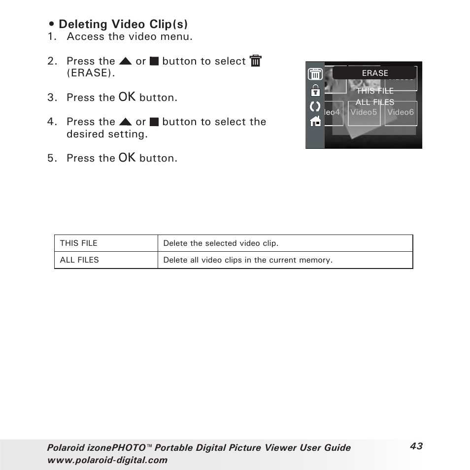 Deleting video clip(s) | Polaroid User Guide User Manual | Page 43 / 70