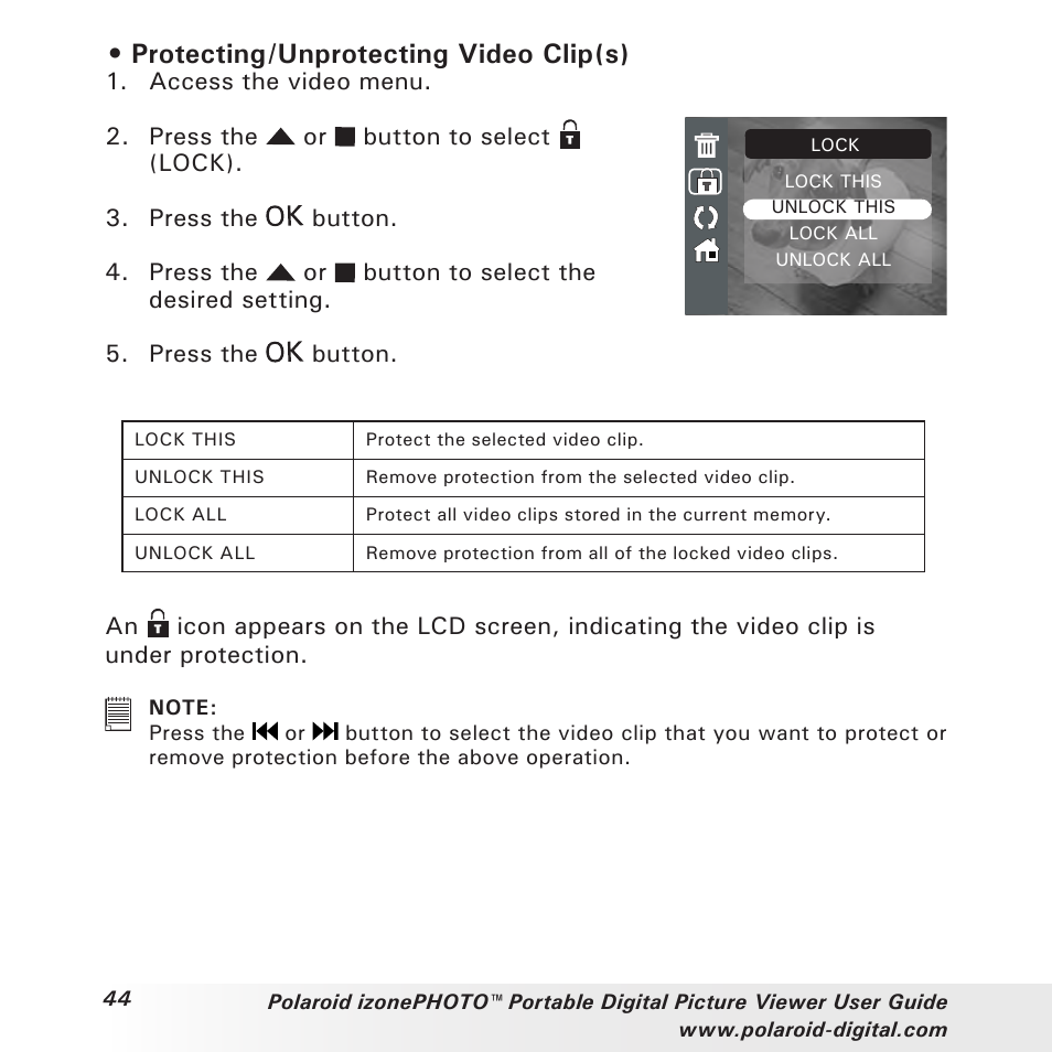 Protecting/unprotecting video clip(s) | Polaroid User Guide User Manual | Page 44 / 70