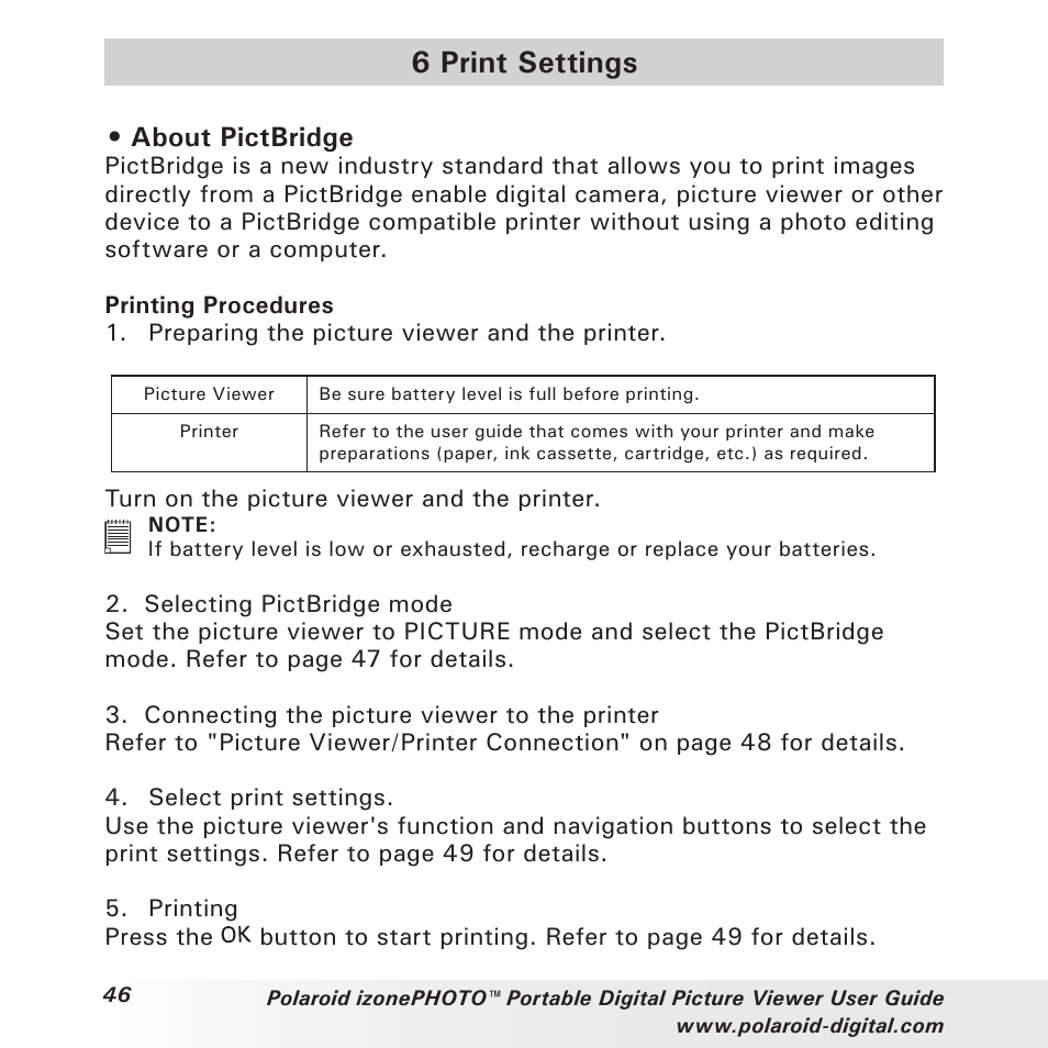 6 print settings, About pictbridge | Polaroid User Guide User Manual | Page 46 / 70