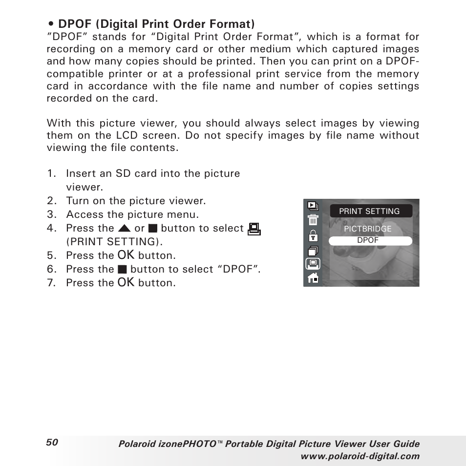 Dpof (digital print order format) | Polaroid User Guide User Manual | Page 50 / 70