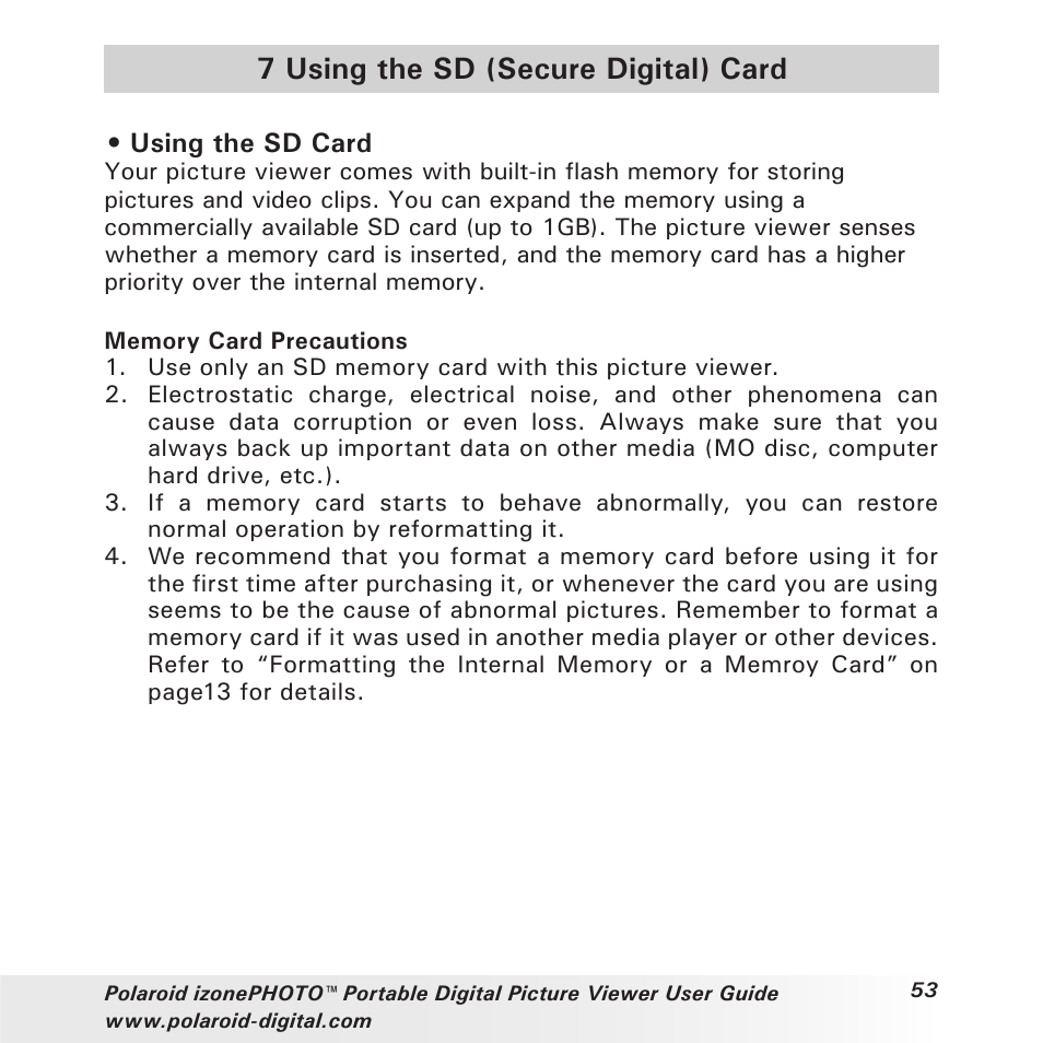 7 using the sd (secure digital) card | Polaroid User Guide User Manual | Page 53 / 70