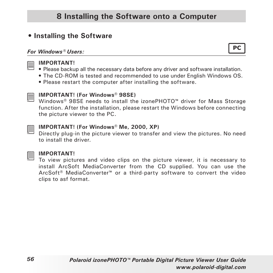 8 installing the software onto a computer, Installing the software | Polaroid User Guide User Manual | Page 56 / 70