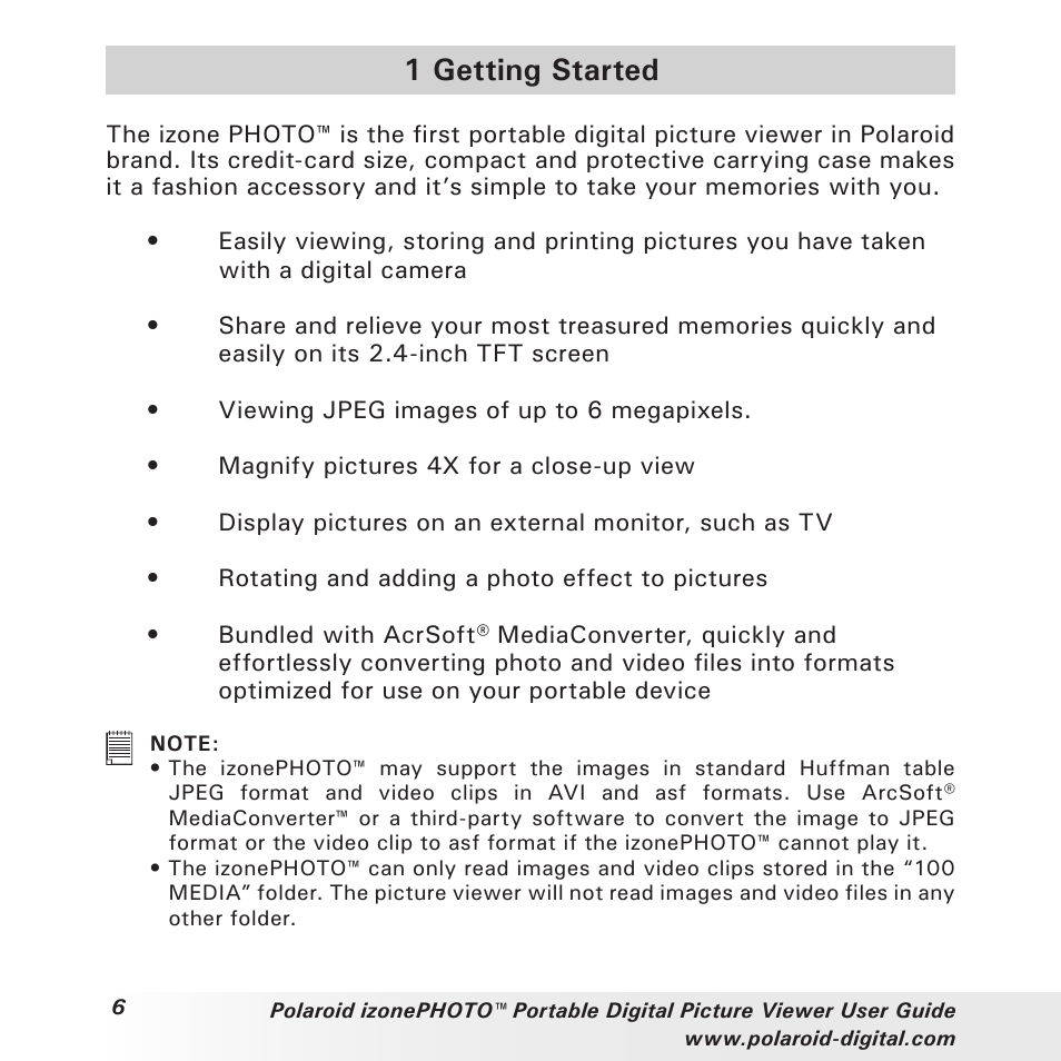 1 getting started | Polaroid User Guide User Manual | Page 6 / 70