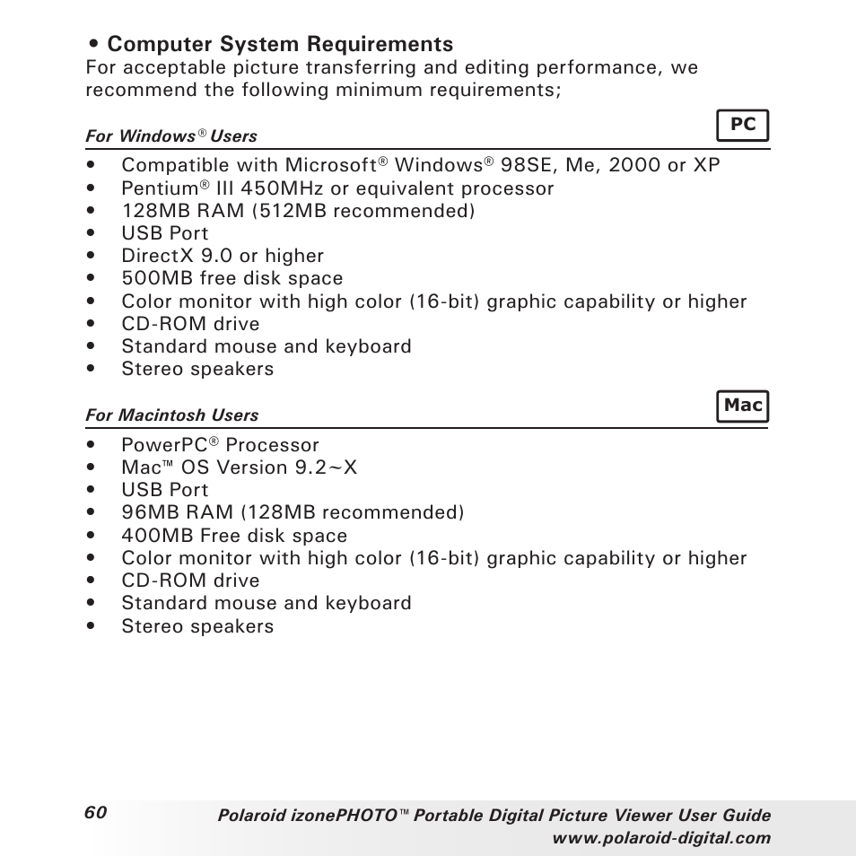 Computer system requirements | Polaroid User Guide User Manual | Page 60 / 70