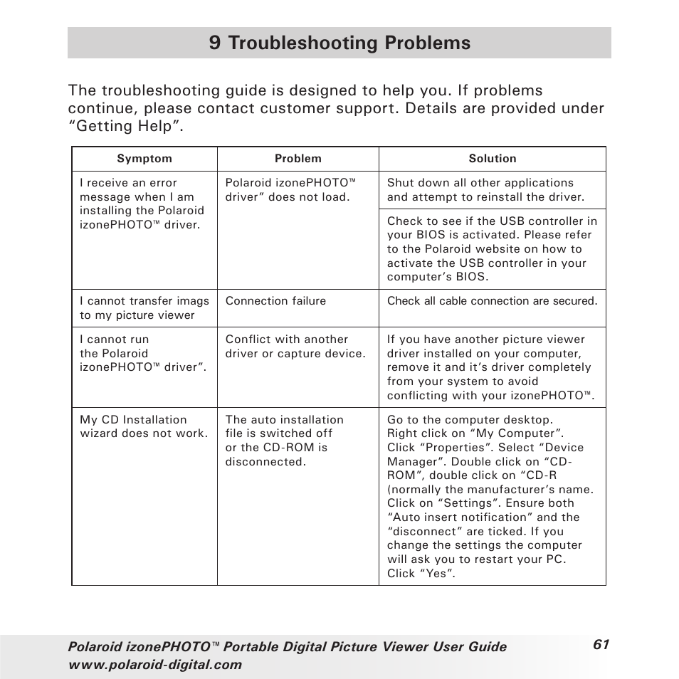 9 troubleshooting problems | Polaroid User Guide User Manual | Page 61 / 70