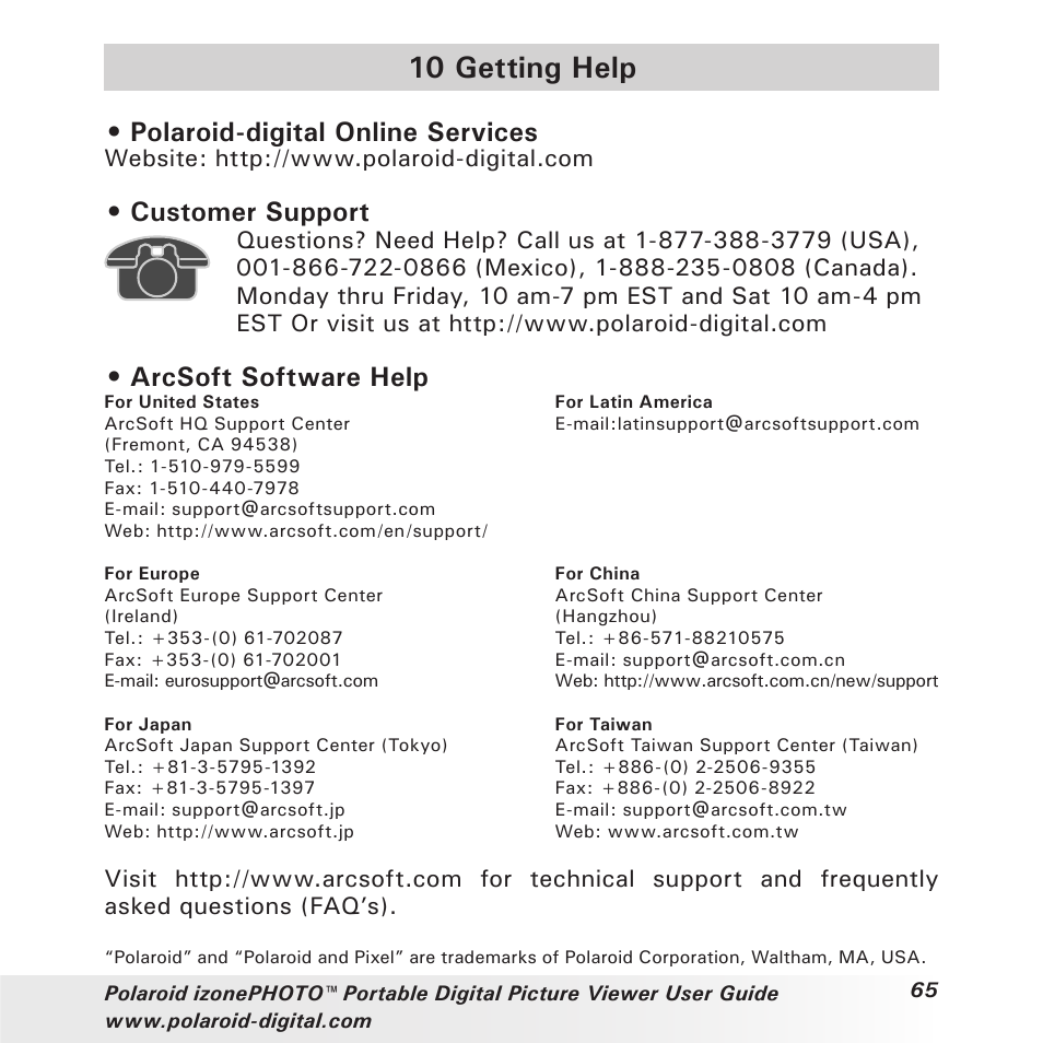 10 getting help, Polaroid-digital online services, Customer support | Arcsoft software help | Polaroid User Guide User Manual | Page 65 / 70