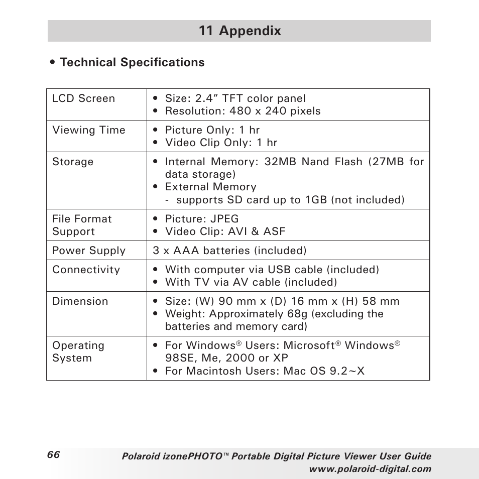 11 appendix | Polaroid User Guide User Manual | Page 66 / 70
