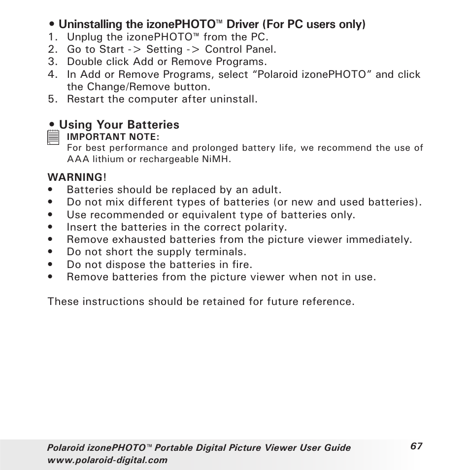 Using your batteries | Polaroid User Guide User Manual | Page 67 / 70