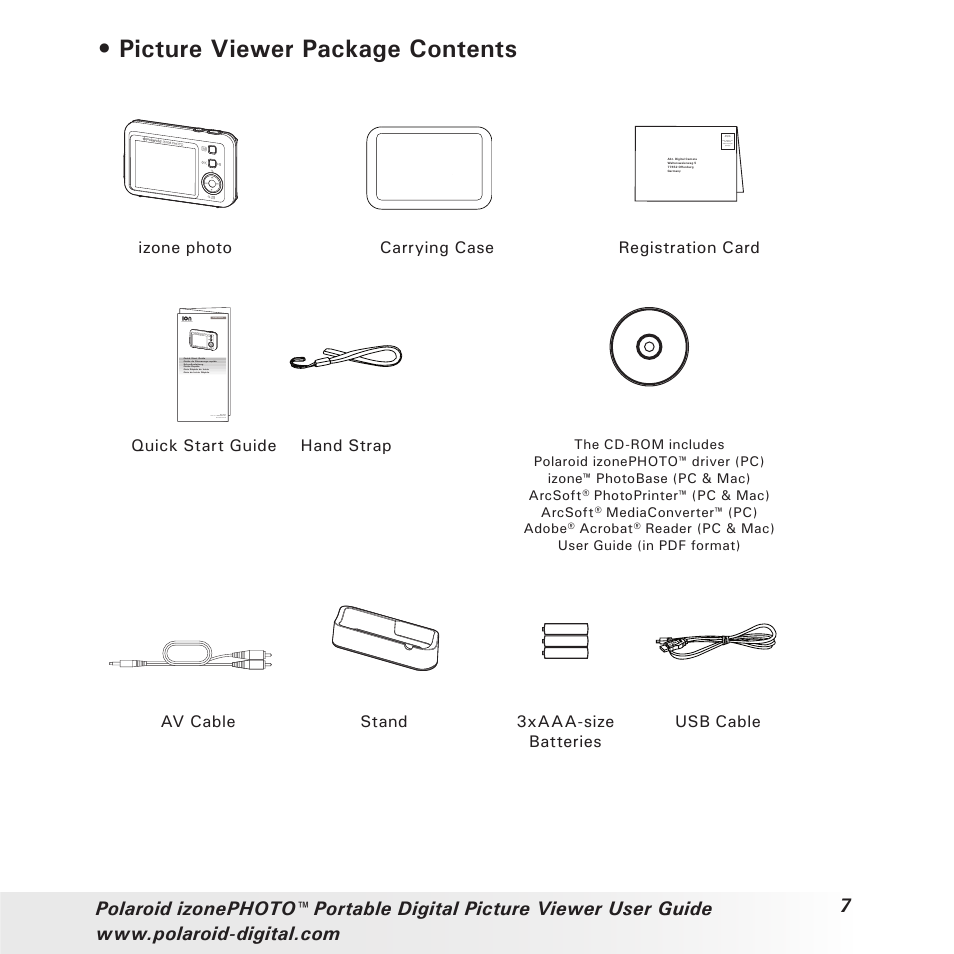 Picture viewer package contents | Polaroid User Guide User Manual | Page 7 / 70