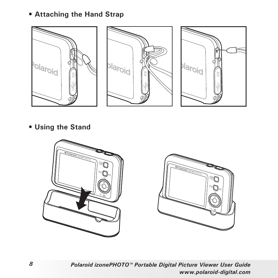 Attaching the hand strap • using the stand | Polaroid User Guide User Manual | Page 8 / 70