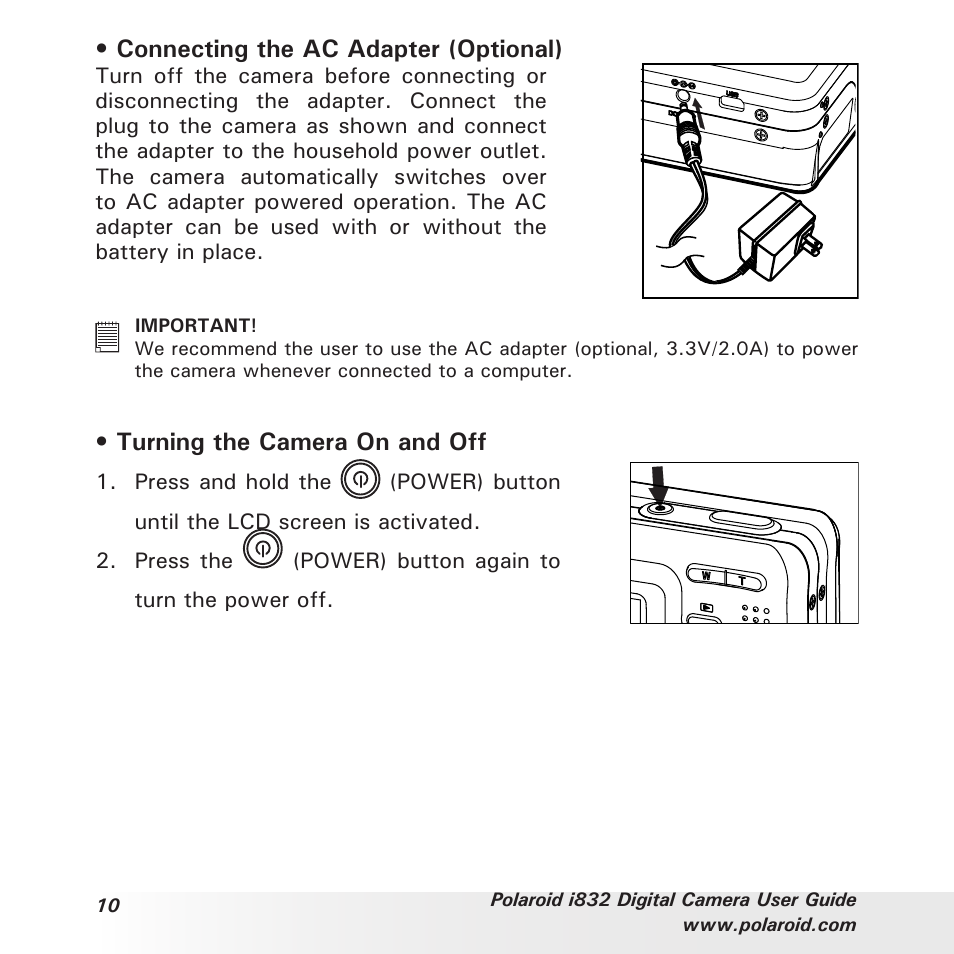 Connecting the ac adapter (optional), Turning the camera on and off | Polaroid i832 User Manual | Page 10 / 110