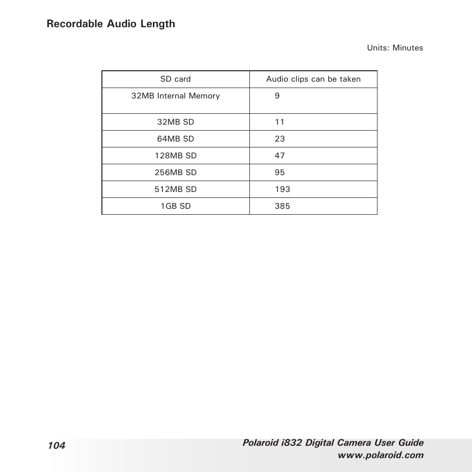 Recordable audio length | Polaroid i832 User Manual | Page 104 / 110