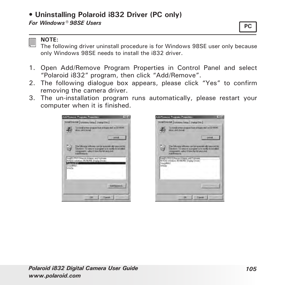 Uninstalling polaroid i832 driver (pc only) | Polaroid i832 User Manual | Page 105 / 110